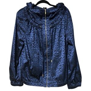 St John Women’s Blue Size L NWOT Convertible Hood Ruffle Leopard Jacket